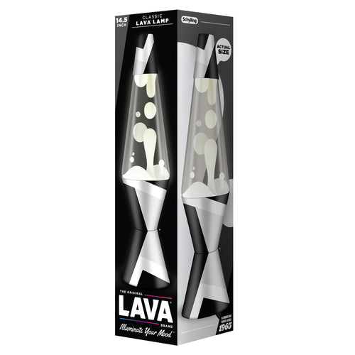 A box displaying a classic 14.5-inch Lava Lamp, featuring a black and white geometric pattern on the base and cap with white wax. Text on the box says "The Original Lava Brand - Illuminate Your Mood".