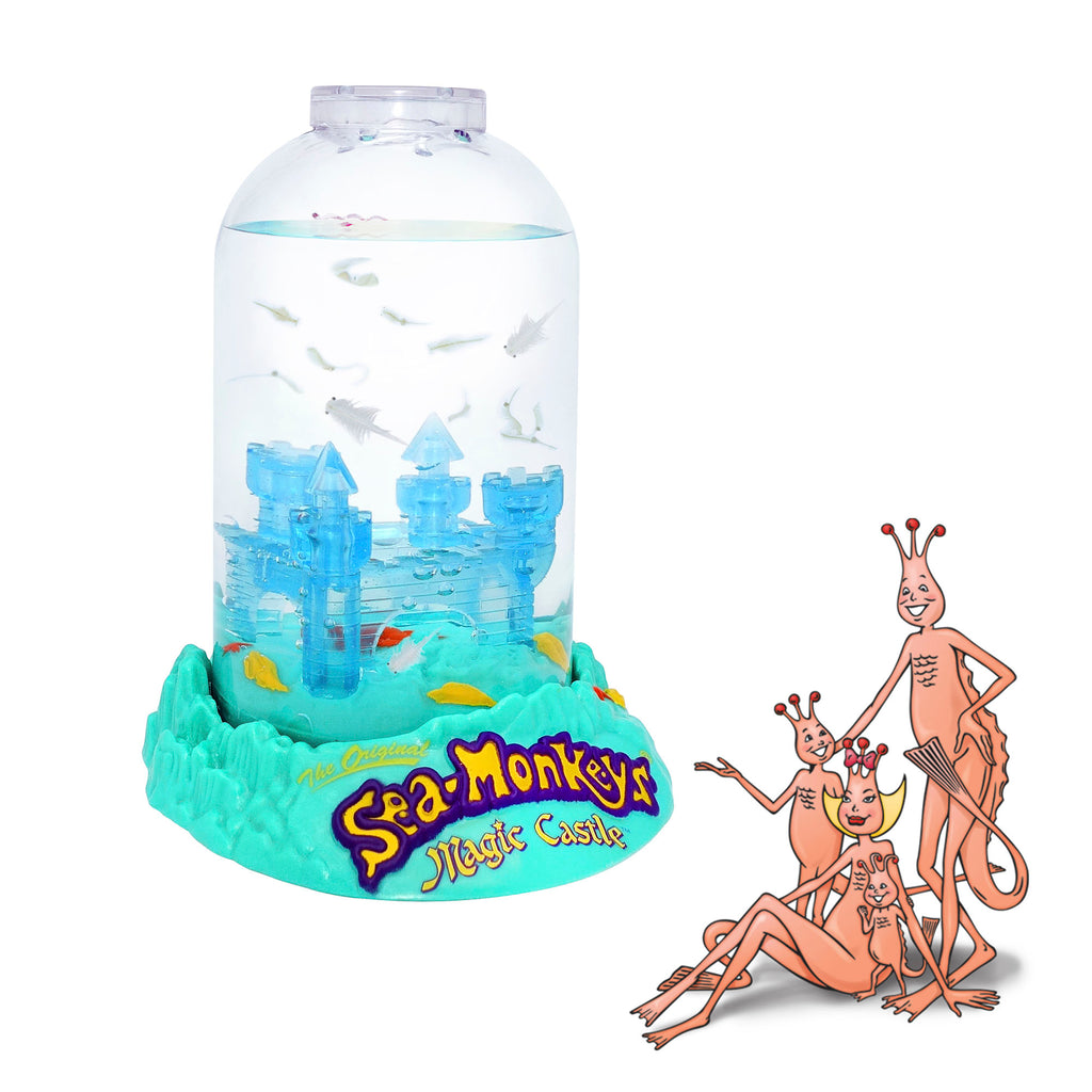 The aquarium is out of the package with Sea-Monkeys swimming in the water inside. A family of four illustrated Sea-Monkeys are in front of the product. They are illustrations from the 1970's.