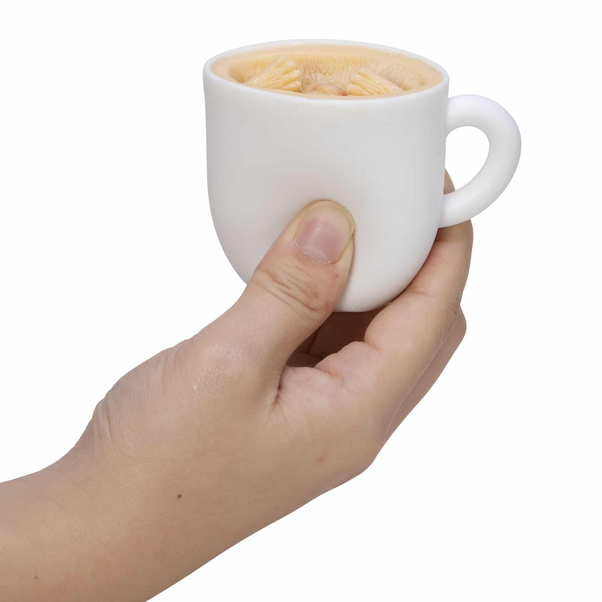 Pup in a Cup, squeezy Popper toy unsqueezed in hand before pup pops out